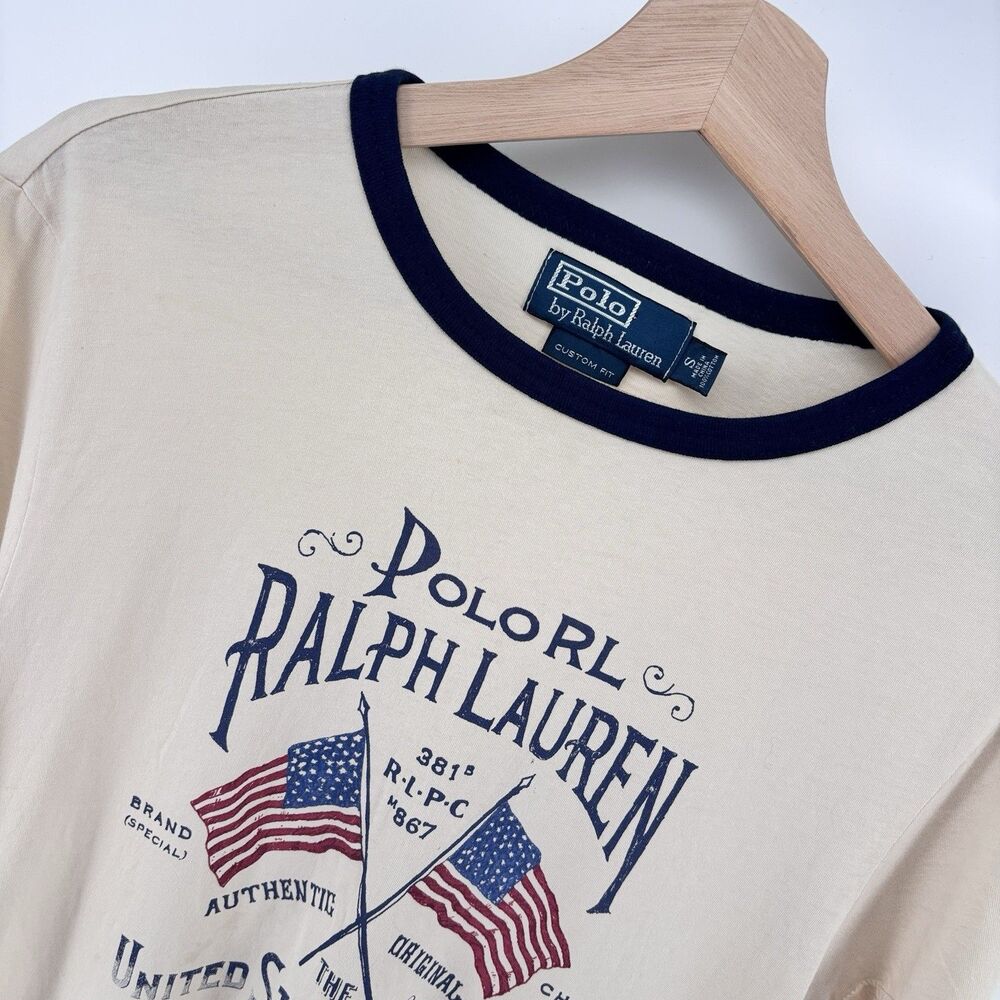 Polo Ralph Lauren Mens M Custom Fit T-Shirt USA American Flag Graphic Cream